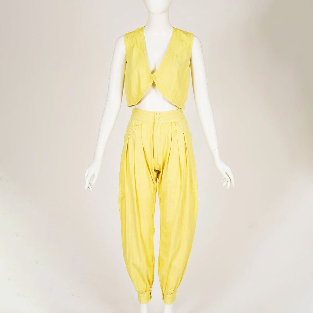 1970s 1980s Vintage Yellow Cotton Vest & Harem Pant Set Sz XS